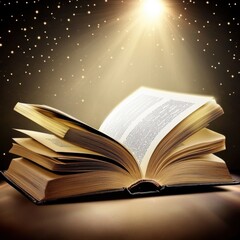 An open book against a starry background, illuminated by a bright light, symbolizing knowledge and inspiration.
