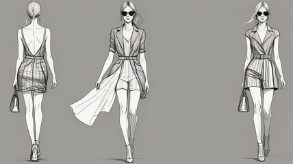 sketch of a photo model in clothes season spring-summer style, summer fashion, world of fashion and beauty