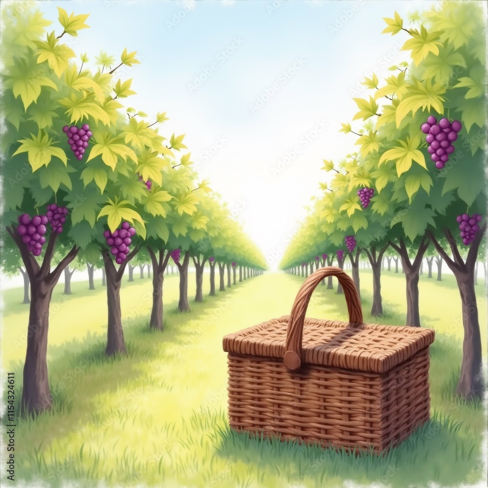 Poster the image is a digital illustration of a vineyard with rows of grapevines on either side. the trees 