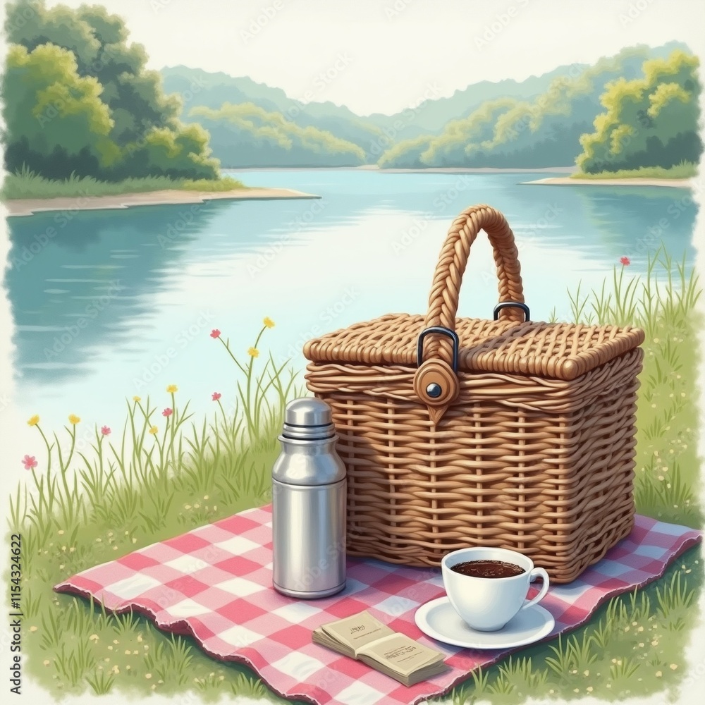 Poster the image is a digital illustration of a picnic scene. it shows a wicker picnic basket with a handle
