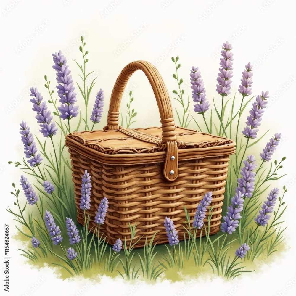Poster the image is a digital illustration of a wicker basket with a handle and a latch on the front. the b