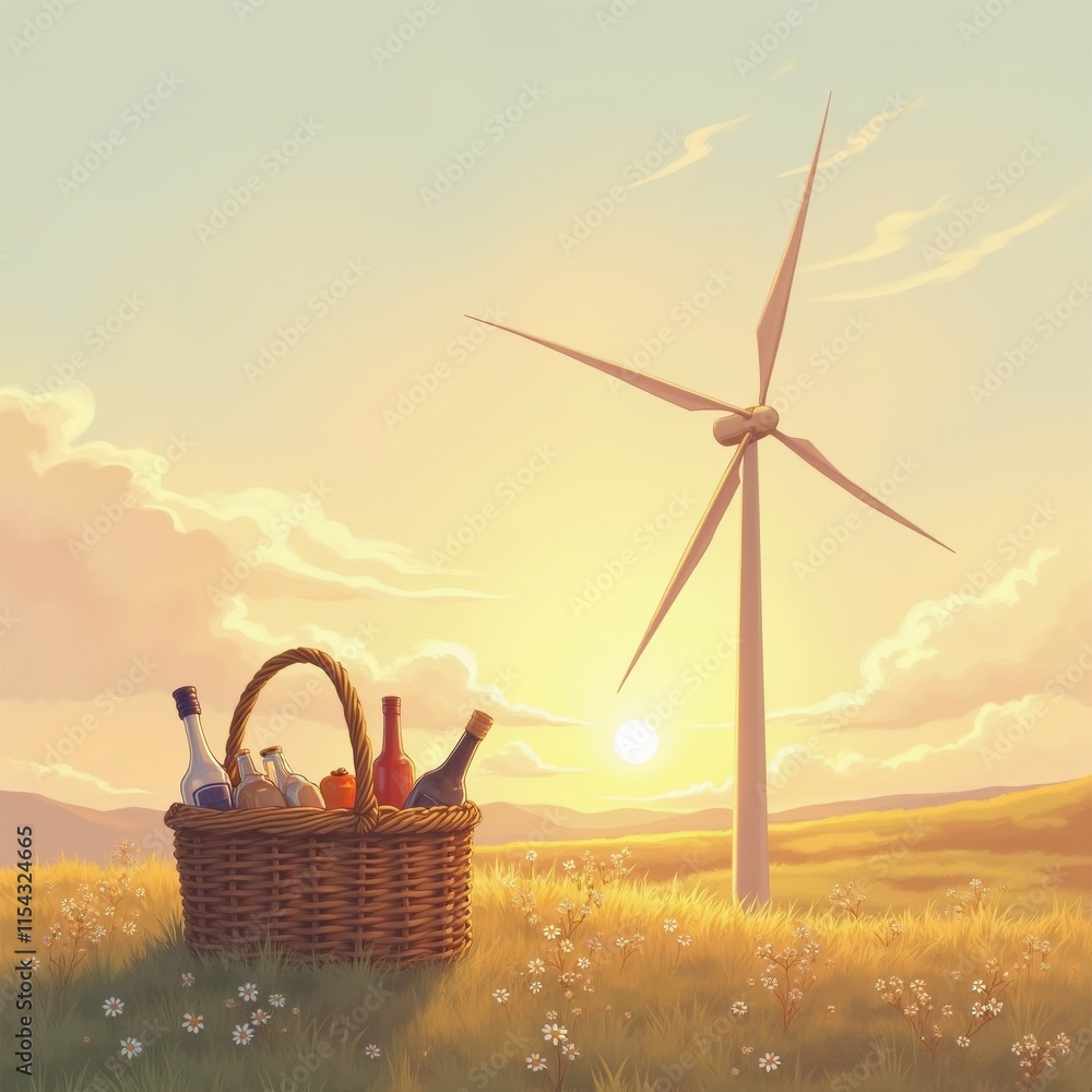 Poster the image is a digital illustration of a wind turbine and a picnic basket on a grassy field. the win