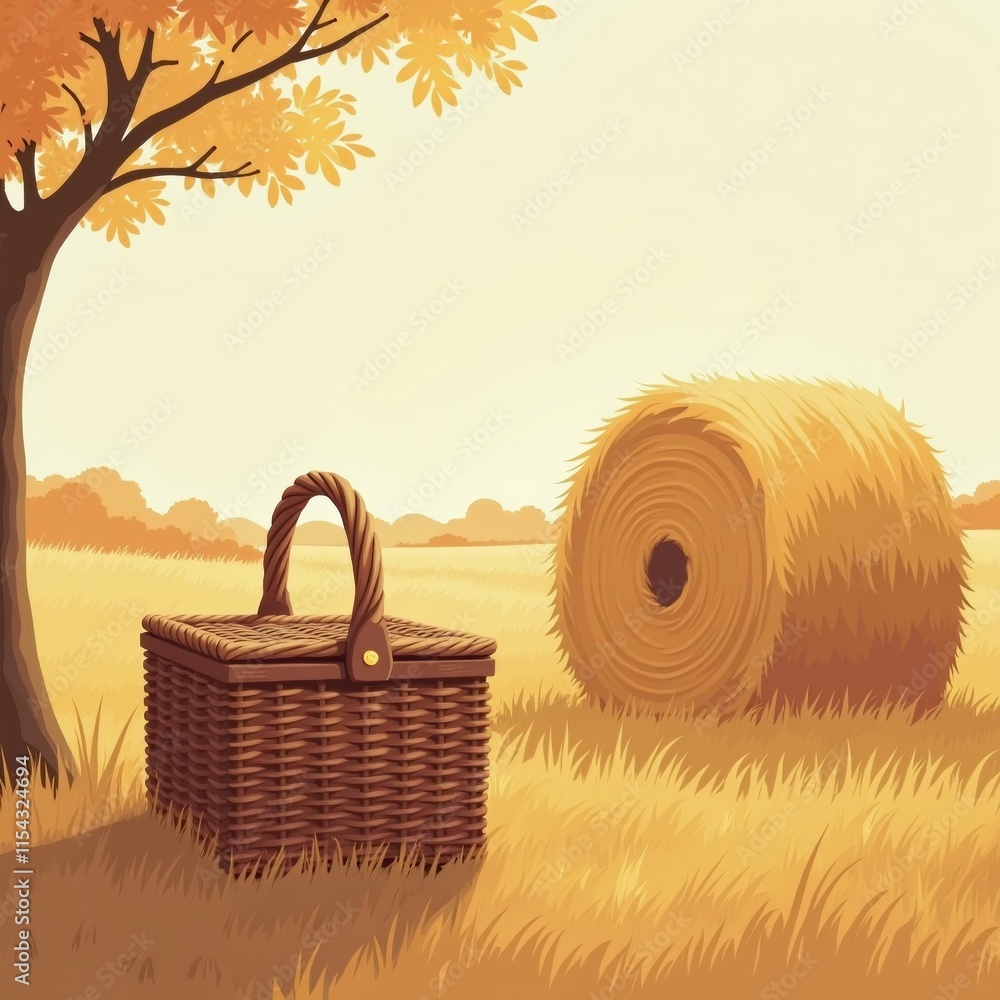 Poster the image is an illustration of a field with a large tree on the left side and a basket on the right