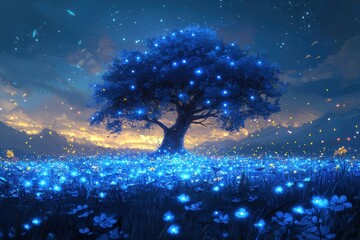 Surreal moonlit meadow scene with glowing flowers enchanted landscape high fidelity nighttime serenity