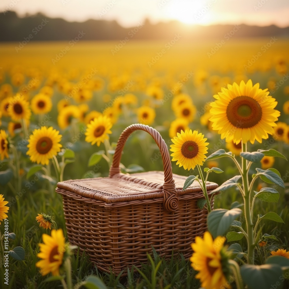 Poster the image shows a field of sunflowers with a wicker basket in the foreground. the basket is made of 