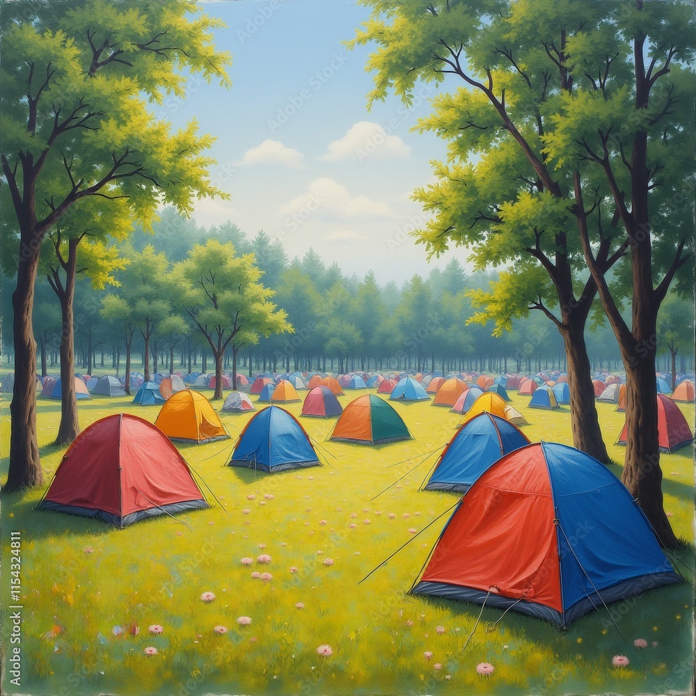 Poster the image is a painting of a large group of colorful tents set up in a field. the tents are of diffe