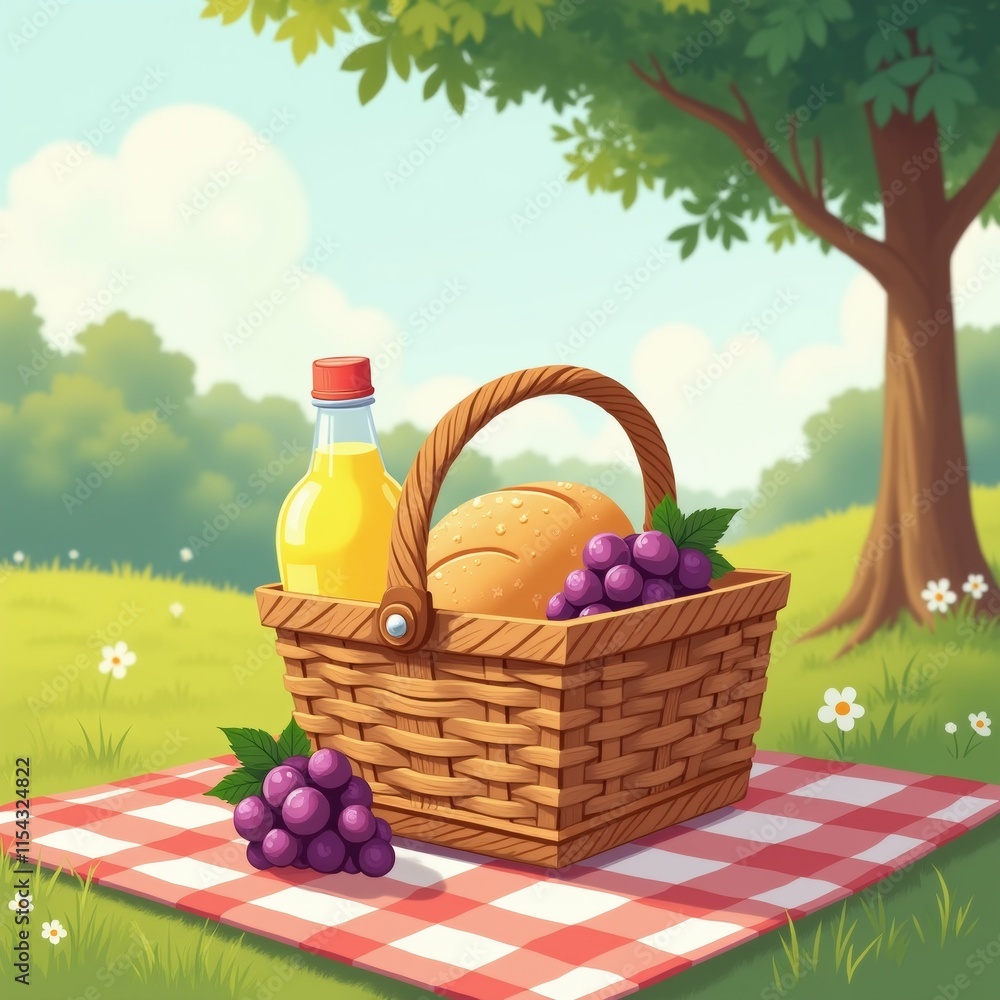 Poster the image shows a picnic basket on a red and white checkered picnic blanket in a park. the basket is