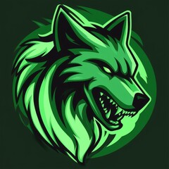 Fototapeta premium A fierce green wolf head illustration with sharp features and menacing expression, set against a dark background.