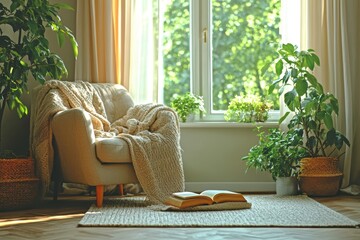 Cozy reading nook with plush chair and soft throw bright room interior design natural light inviting atmosphere