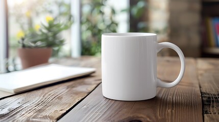 Fototapeta premium White ceramic mug and notebooks on wooden table indoors