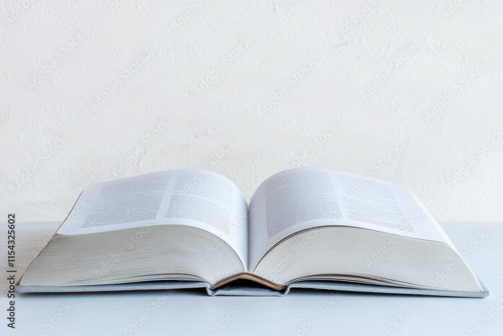 Poster an open book resting on a white surface, showcasing its detailed pages and inviting readers to explo