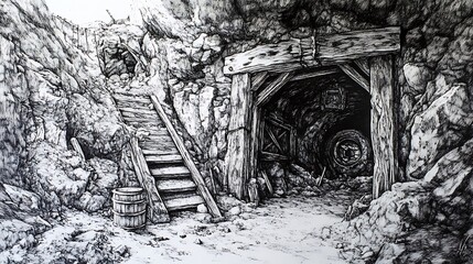 Intricate Hand-Drawn Sketch: Deserted Mine Entrance, Atmospheric Black and White Illustration. AI Generated