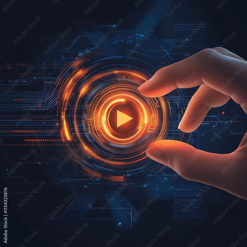 Poster a close-up of a hand about to activate a glowing play button, symbolizing technology and digital int