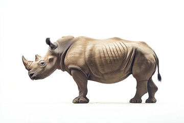 Obraz premium Rhino standing on white surface, horn prominent, looking towards the left, under clear blue sky.
