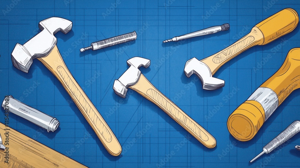 Poster a collection of various tools including hammers and wrenches displayed on a blue blueprint backgroun