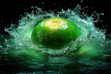 Dynamic water splash surrounding fresh green lime studio high fidelity photography dark environment close-up refreshing concept