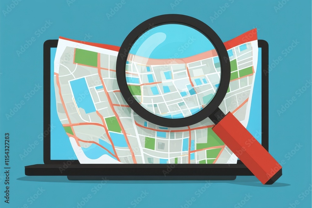 Poster a digital map displayed on a laptop with a magnifying glass highlighting the details, ideal for navi