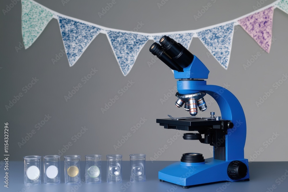 Poster a blue microscope on a laboratory table, surrounded by glass slides and colorful bunting in the back