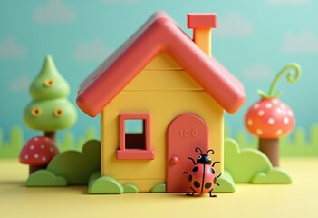 Charming 3D House With A Friendly Ladybug Visitor