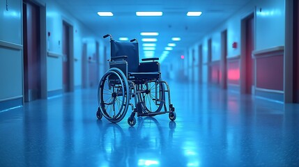 Empty Wheelchair in Hospital Corridor at Night