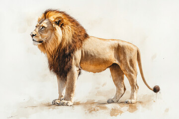 Obraz premium Watercolor painting: Majestic lion with flowing mane, intense gaze, set against a soft, abstract background. Vibrant colors, detailed brushwork capture the wild beauty.