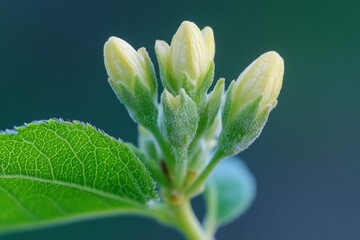 Goat-leaf Honeysuckle (Lonicera caprifolium) with flower buds, closeup, Generative AI