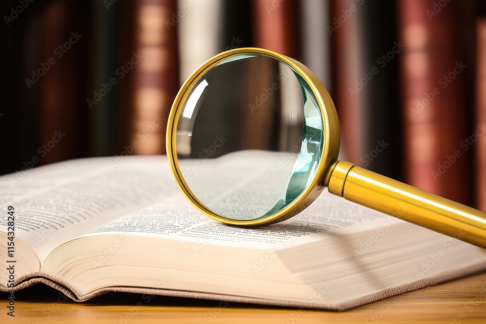Poster a close-up of a magnifying glass resting on an open book, highlighting the text with a golden handle