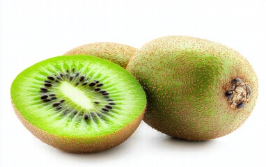 Fototapeta premium A perfectly sliced kiwi with vibrant green flesh and black seeds, isolated on a bright white background