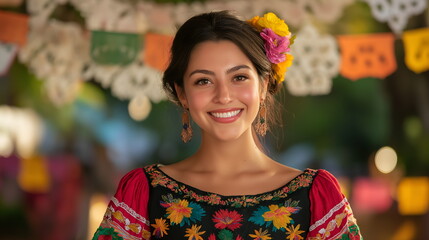 Fototapeta premium Woman in traditional Mexican dress, with bright floral embroidery and a colorful rebozo, background of papel picado