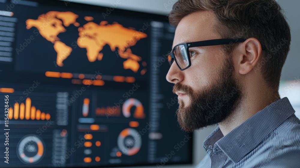 Poster a focused man analyzes data on a screen showing graphs and a world map in orange tones, highlighting