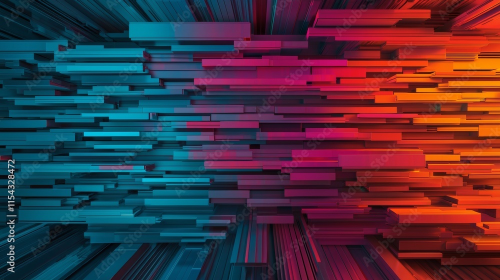 Poster a vibrant, abstract design featuring layered blocks in blue and orange hues, creating a dynamic sens