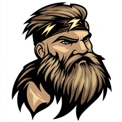 Illustration of a fierce male warrior with a thick beard and headband, embodying strength and determination.