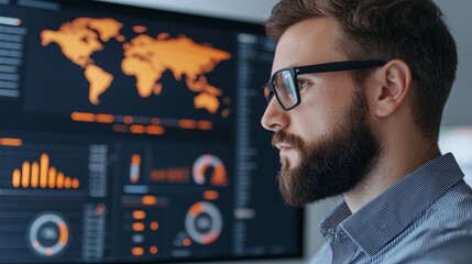 A focused man analyzes data on a screen showing graphs and a world map in orange tones, highlighting insights and trends.