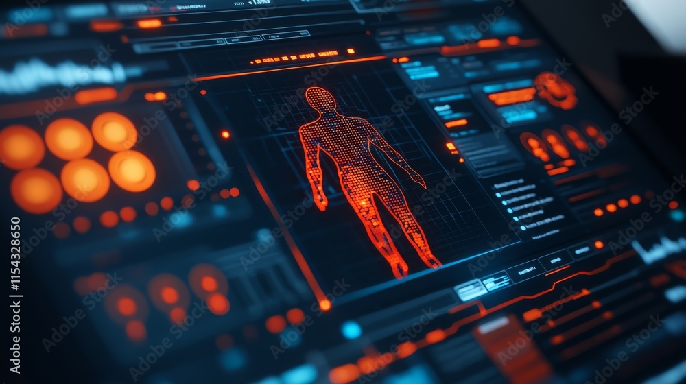 Poster a digital interface displays a wireframe human figure, surrounded by glowing data elements and contr