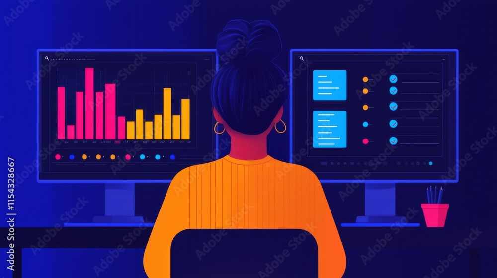 Poster a person analyzes data on dual monitors, showcasing colorful graphs and information in a dark-themed