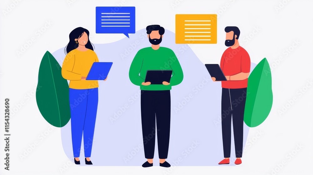 Poster three people engage in a discussion while using tablets, surrounded by colorful speech bubbles, repr
