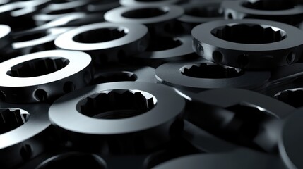 Close-up of interlocking metallic gear parts, showcasing intricate designs and a sleek finish.