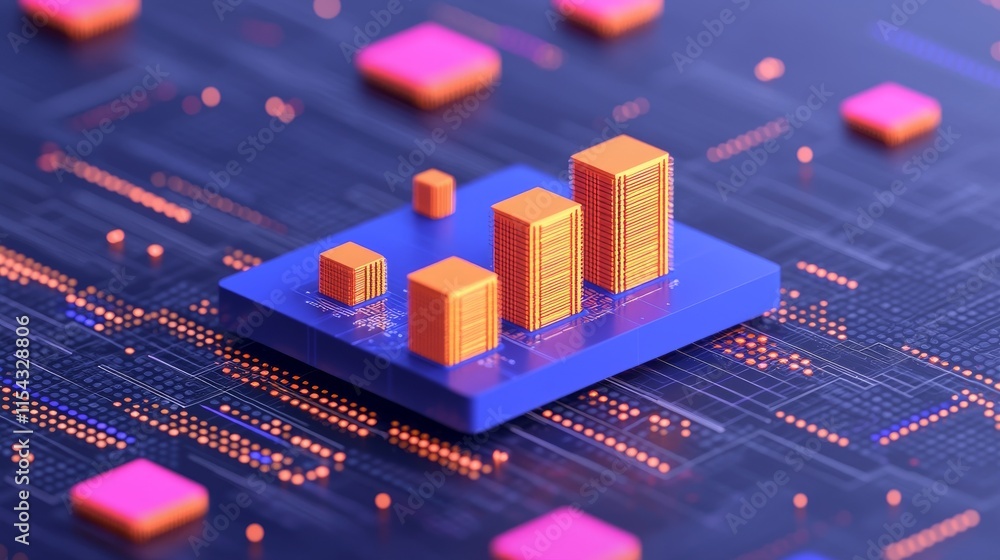 Poster a vibrant, futuristic digital representation of a circuit board with geometric shapes symbolizing da