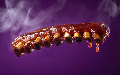 A seasoned pork rib floating mid-air with smoky BBQ sauce drips, set against a deep purple background