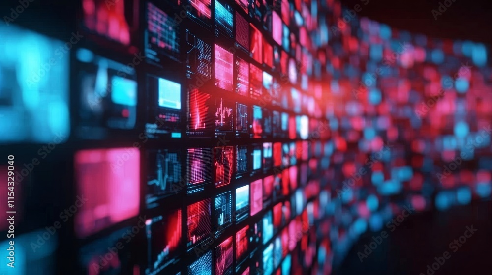 Poster a visually striking array of digital screens displaying vibrant red and blue hues, creating a futuri