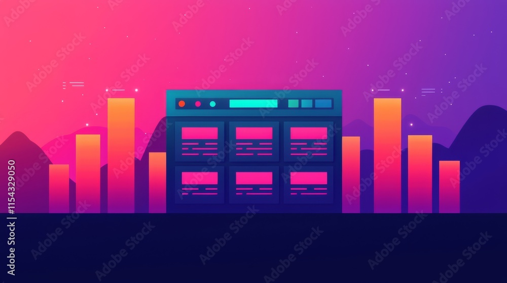 Poster a vibrant, abstract digital illustration featuring a data dashboard surrounded by colorful bars and 
