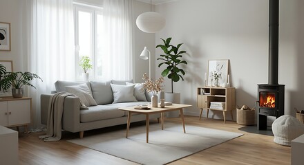 Fototapeta premium Cozy Living Room Interior Design Modern Sofa Fireplace Plants