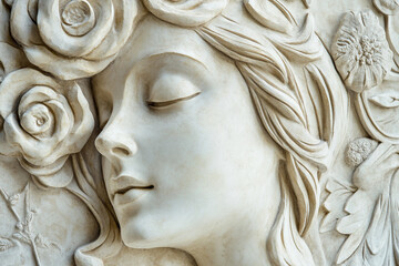 A white bas-relief showing a woman's face with flowers and flowing hair, generative AI technology