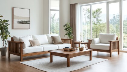 Modern Wooden Sofa Set Minimalist Living Room Furniture White Cushions Natural Wood
