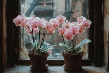 orchids blooming in flower pots on window sill, Generative AI