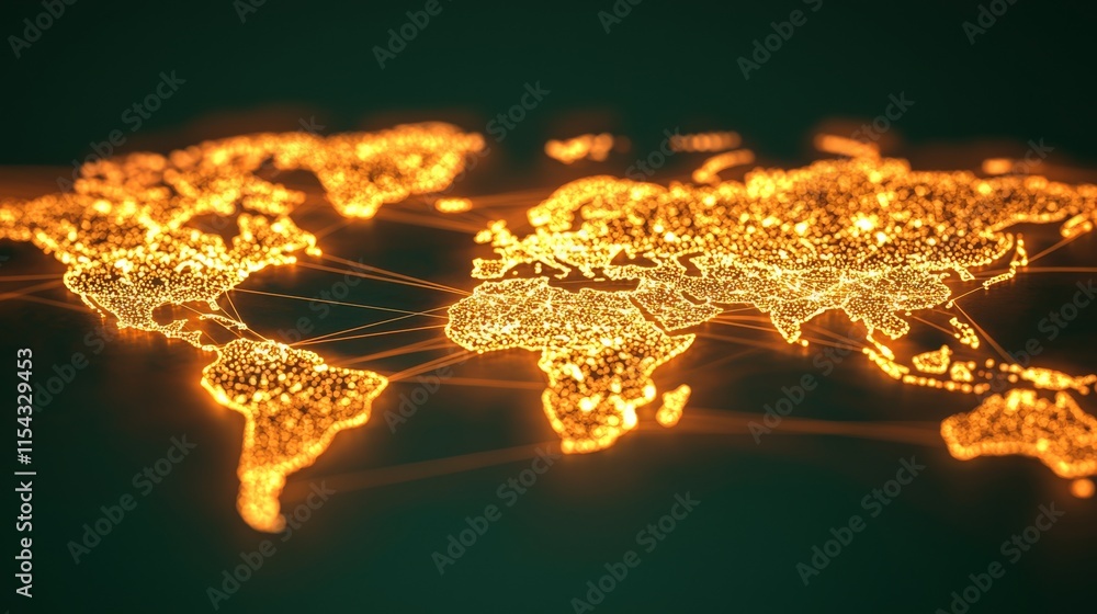 Poster a glowing representation of a world map, showcasing interconnected regions with bright lines, symbol