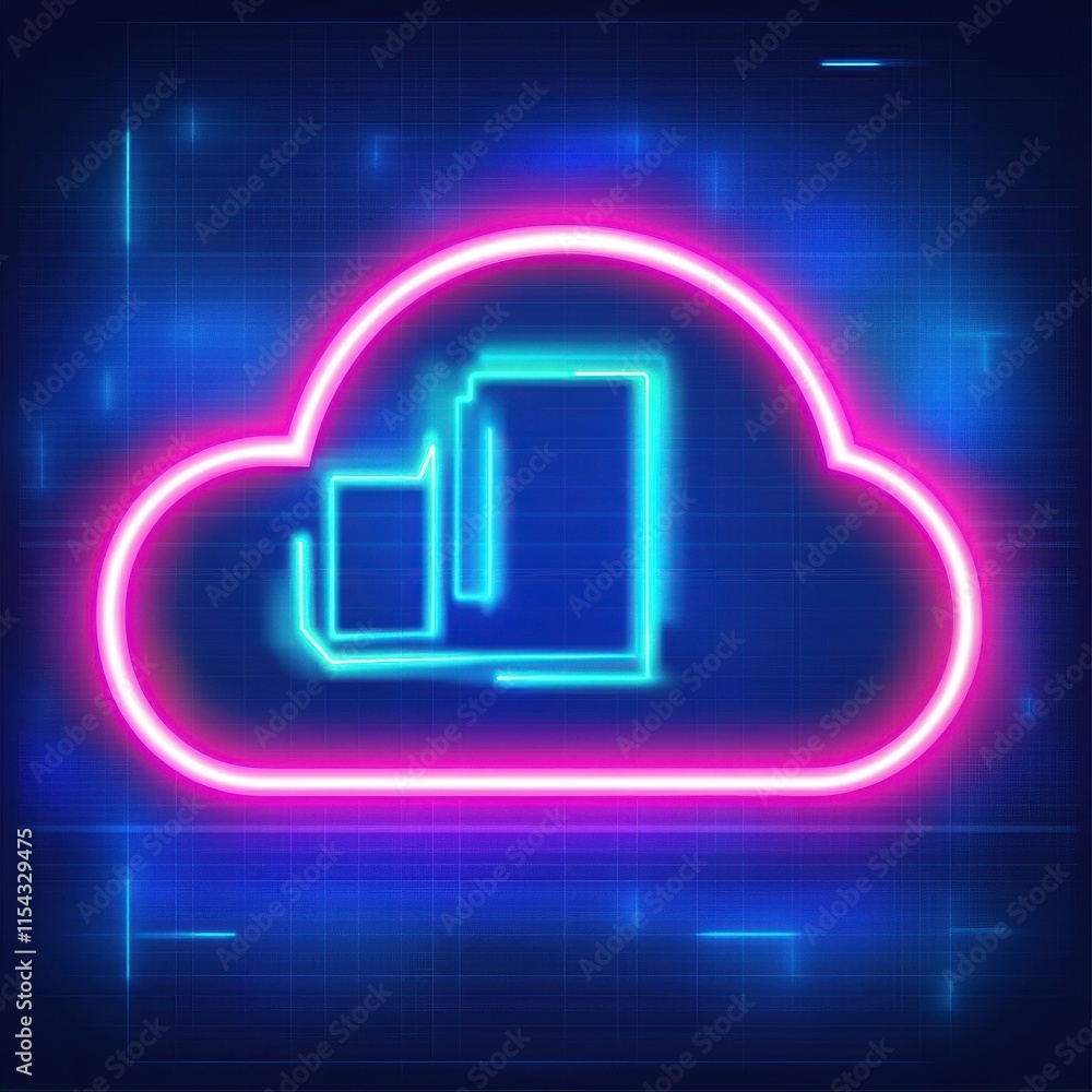 Aufkleber a vibrant, neon cloud icon with dynamic bar graphs inside, symbolizing data analysis and cloud compu