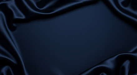 Navy blue silk satin . Silky shiny  fabri c Dark luxury background with space for design. Banner Wide Long Panoramic Empty Flat lay top view 