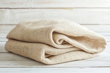 kitchen cloth on side of white wooden table, top view, copy space, Generative AI