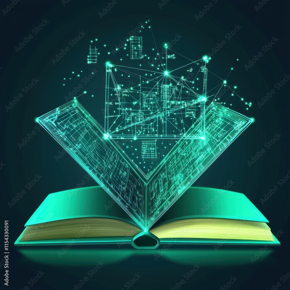 Poster an open book emits glowing digital data visualizations, blending technology and knowledge in an abst